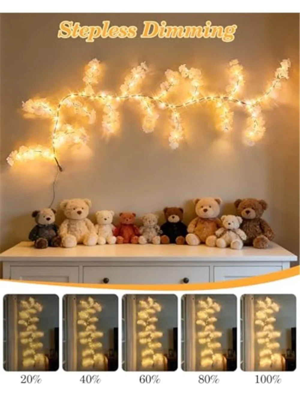 Cherry Blossom LED Light Garland Vine Wall Decor Remote Bedroom Wedding Boho